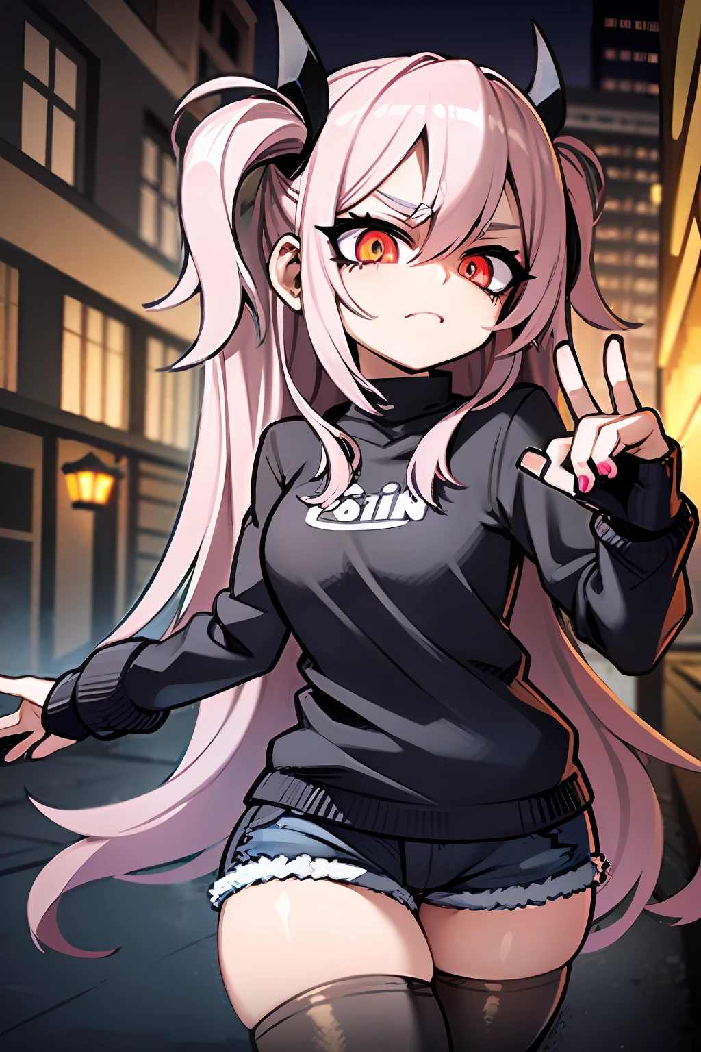 masterpiece, high quality, (anime), best quality, 1girl, very detailed eyes and face, very detailed background, dynamic pose, dynamic light, full body, (noir style), psychedelic style, terrified eyes, (fear), worry, ,fear, lilac hair, pink hair, dark blue hooded sweater, flat chest, long black stockings, ((worry)), black nails, red light, facing ahead, (praying), black denim shorts,  eyes black, expression terrified, nervous,