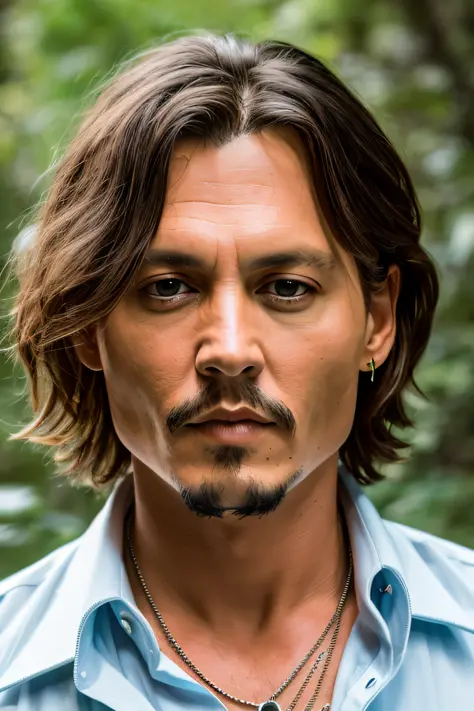 masterpiece, 25 years old johnny depp walking through the jungle (night among fireflies), (high detail:1 1), rough face, natural skin, high quality, nsfw, beautiful eyes, (detailed face and eyes), (face: 1 2), noise, extra, real photo, PSD, lamp film photo...