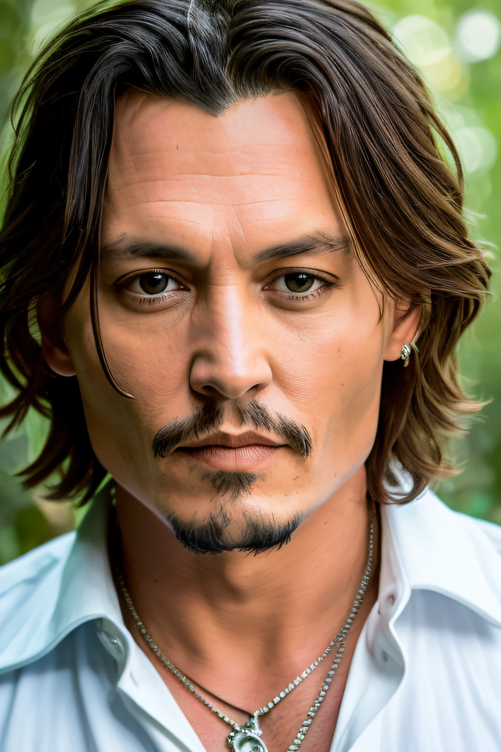 masterpiece, 25 years old johnny depp walking through the jungle (night among fireflies), (high detail:1 1), rough face, natural skin, high quality, nsfw, beautiful eyes, (detailed face and eyes), (face: 1 2), noise, extra, real photo, PSD, lamp film photography, sharp focus, contrast lighting, detailed skin, high resolution 8k, crazy detail, realistic, professional photography, 8k UHD, SLR camera, soft lighting, high quality, film grain, Fujifilm XT3