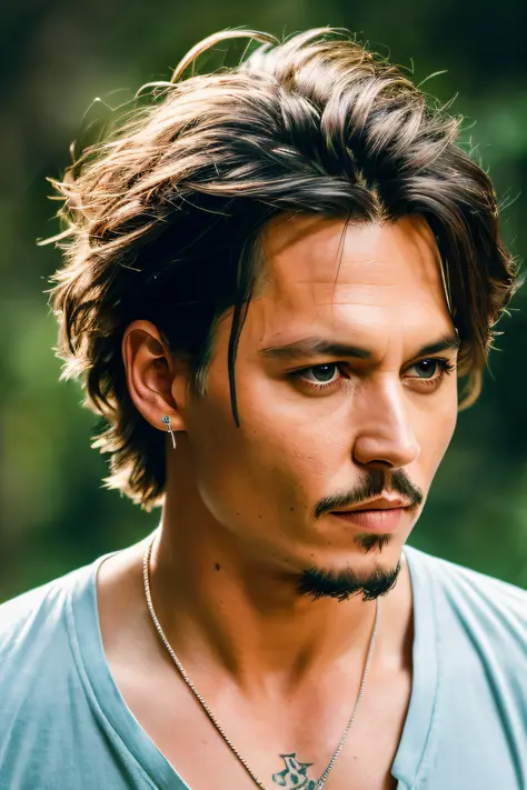 masterpiece, {{{25 years old}}} johnny depp walking through the jungle (night among fireflies), (high detail:1 1), cute young man, wearing a tank top, rough face, natural skin, high quality, nsfw, beautiful eyes, (detailed face and eyes), (face: 1 2), nois...
