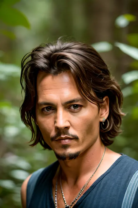 masterpiece, {{{25 years old}}} johnny depp walking through the jungle (night among fireflies), (high detail:1 1), cute young man, wearing a tank top, rough face, natural skin, high quality, nsfw, beautiful eyes, (detailed face and eyes), (face: 1 2), nois...