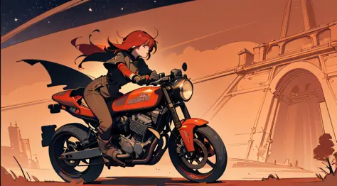 (masterpiece), (best quality), (best detail), (distant general view), (postage stamp),(main color of illustration: bright saturated red), (secondary color: lapis lazuli), a red cafe racer motorcycle driven by a woman with defiant stance, very detailed chas...