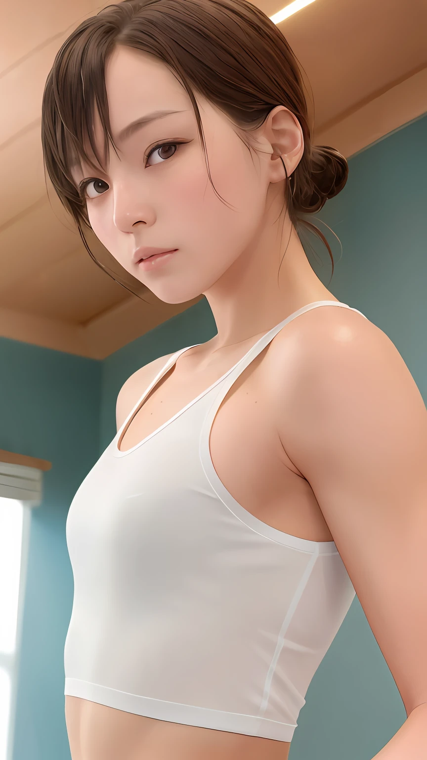 White, wet, tight tank top, portrait, best quality, 1 girl, solo, yukino yukinoshita, black eyes, looking at the viewer, angle from below, small breasts, shiny skin, natural-looking makeup, torso, bedroom, ultra-high resolution, cinematic lighting (lifelike). Details, ultra-detailed, extremely detailed eyes and face: 1.0), good cheek, (sweaty skin, lens effect: 1.0), not blurry, drenched clothes