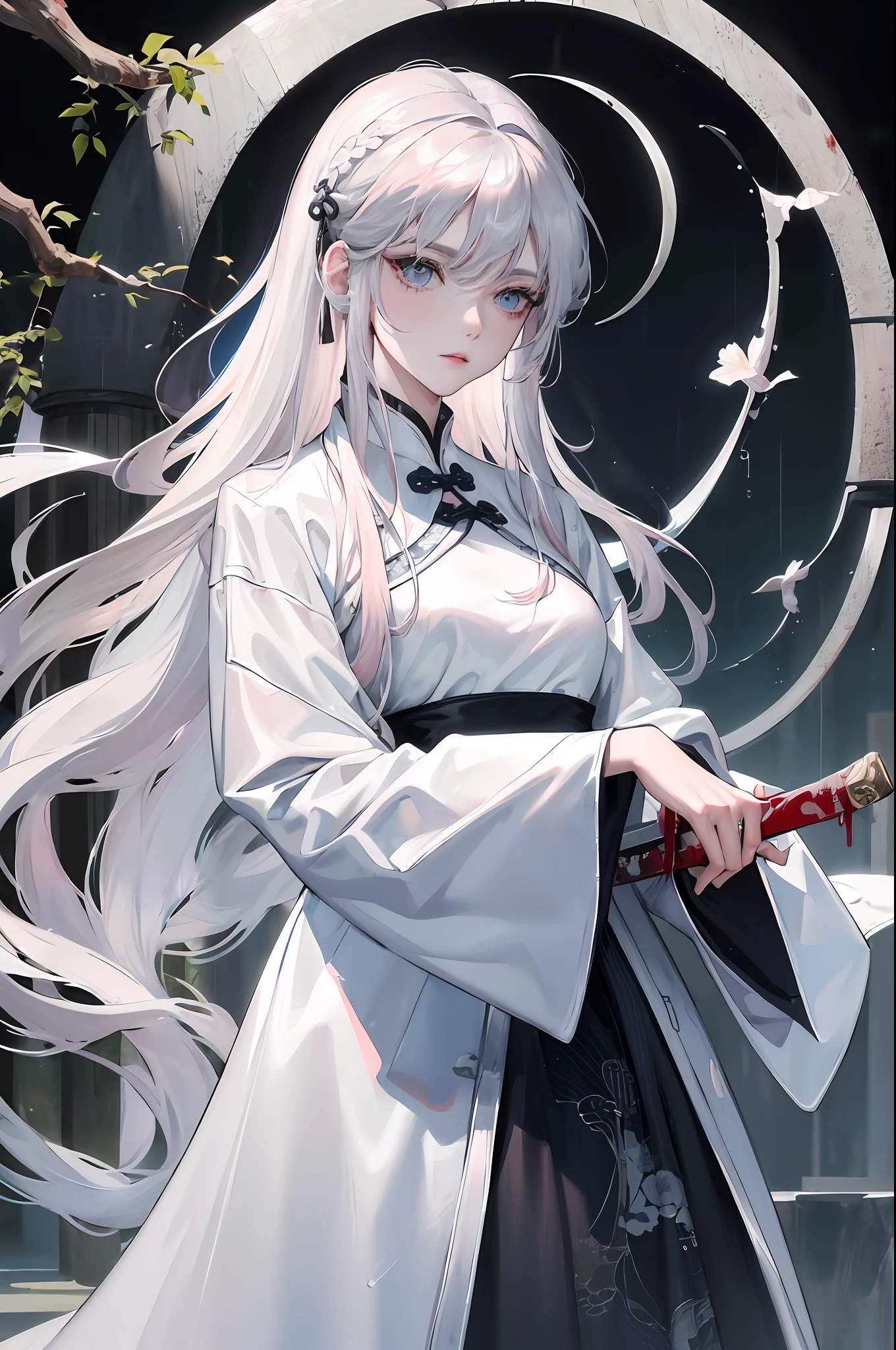 Masterpiece, Excellent, Night, Outdoor, Rainy Day, Branches, Chinese Style, Ancient China, 1 Woman, Mature Woman, Silver-White Long-Haired Woman, Gray-blue Eyes, Pale Pink Lips, Indifference, Seriousness, Bangs, Assassin, Sword, White Clothes, Black Clothes Patterns, Blood, Blood, Blood, Bloody Face,