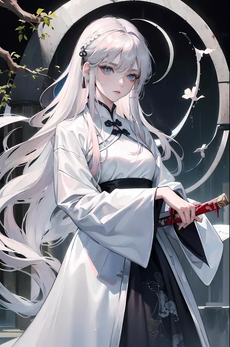Masterpiece, Excellent, Night, Outdoor, Rainy Day, Branches, Chinese Style, Ancient China, 1 Woman, Mature Woman, Silver-White Long-Haired Woman, Gray-blue Eyes, Pale Pink Lips, Indifference, Seriousness, Bangs, Assassin, Sword, White Clothes, Black Clothe...