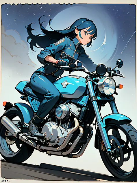 (masterpiece), (best quality), (best detail), (distant general view), (postage stamp),(main color of illustration: pastel blue), (secondary color: ivory blade), a blue cafe racer motorcycle driven by a woman with challenging stance, very detailed face, ver...