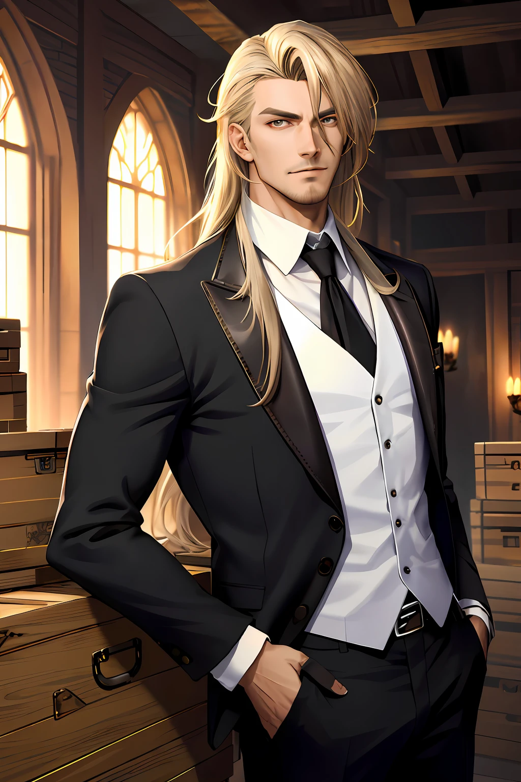 (masterpiece, best quality:1.2), (absurd res, high res, ultra detailed), 1 male, adult, handsome, tall muscular guy, broad shoulders, white long hair, finely detailed eyes, portrait, looking at viewer, solo, half shot, detailed background, detailed face, (gothic), smirk, vampire, dark leather, high fantasy, stealth, undercover, (crates in background), shadows, fog, (dutch angle), closed mouth, black pants, anime style