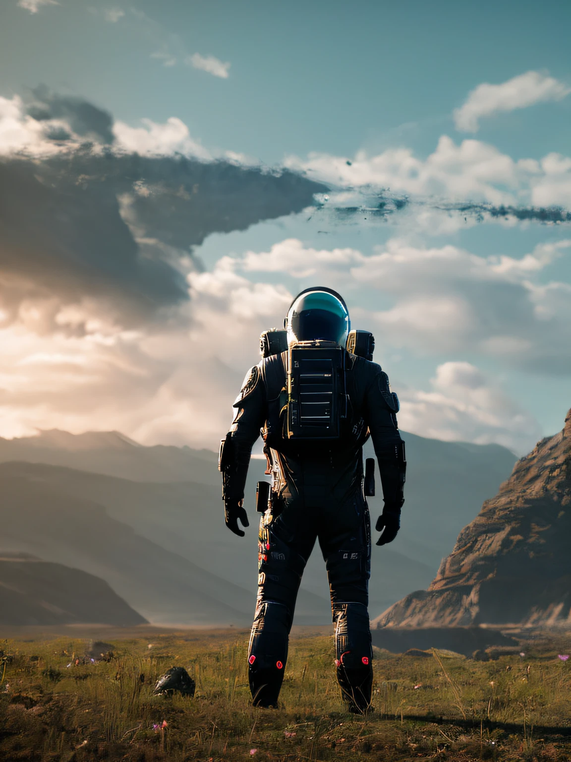 scifi style photo of death Stranding scenery, anatomically correct human male figure in astronaut suit in field facing forward helmet glowing pink, dynamic lighting, hyper detail features, ray tracing, high flare, 3D, cinematic lighting, dark shadows, unrealistic Engine 5 rendering, hyper detail,trending on artstation, 4k,extremely high details, ultra hd, hdr, 8k, extremely high details