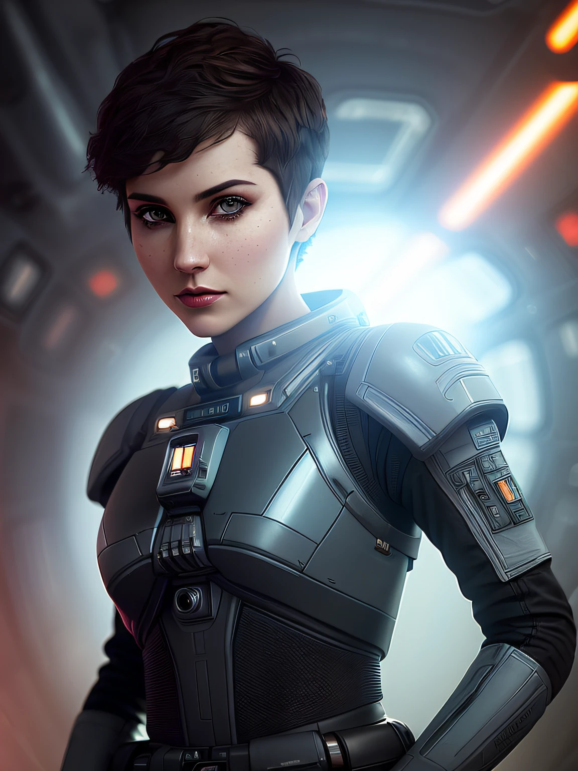 High detail RAW color art, animation, realistic photo, (((wearing black nano suite))), (((beautiful face))), white skin, Hi-Tech space battle, (((fright))), (((cute woman in the cockpit of a space fighter in galactic battle))), magical atmosphere, ((((wery short hair)))), (detailed skin, skin texture), (intricately detailed, fine details, hyperdetailed), raytracing, subsurface scattering, diffused soft lighting, shallow depth of field, by (Oliver Wetter), photographed on a Canon EOS R5, 28mm lens, F/2.8,