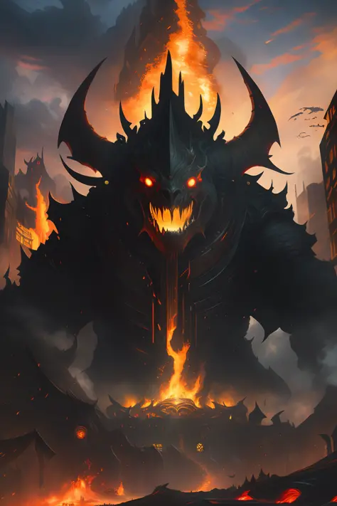 There is a giant monster in the middle of the city, Deathwing, King of Cinders, Doom Eternity Concept Art, Doom Eternal Art Style, D&D Trend on Artstation, Ruler of Hell, Darkbloods Art Style, Hellfire Background, Rosanne, High Detail Official Art, Balrog ...