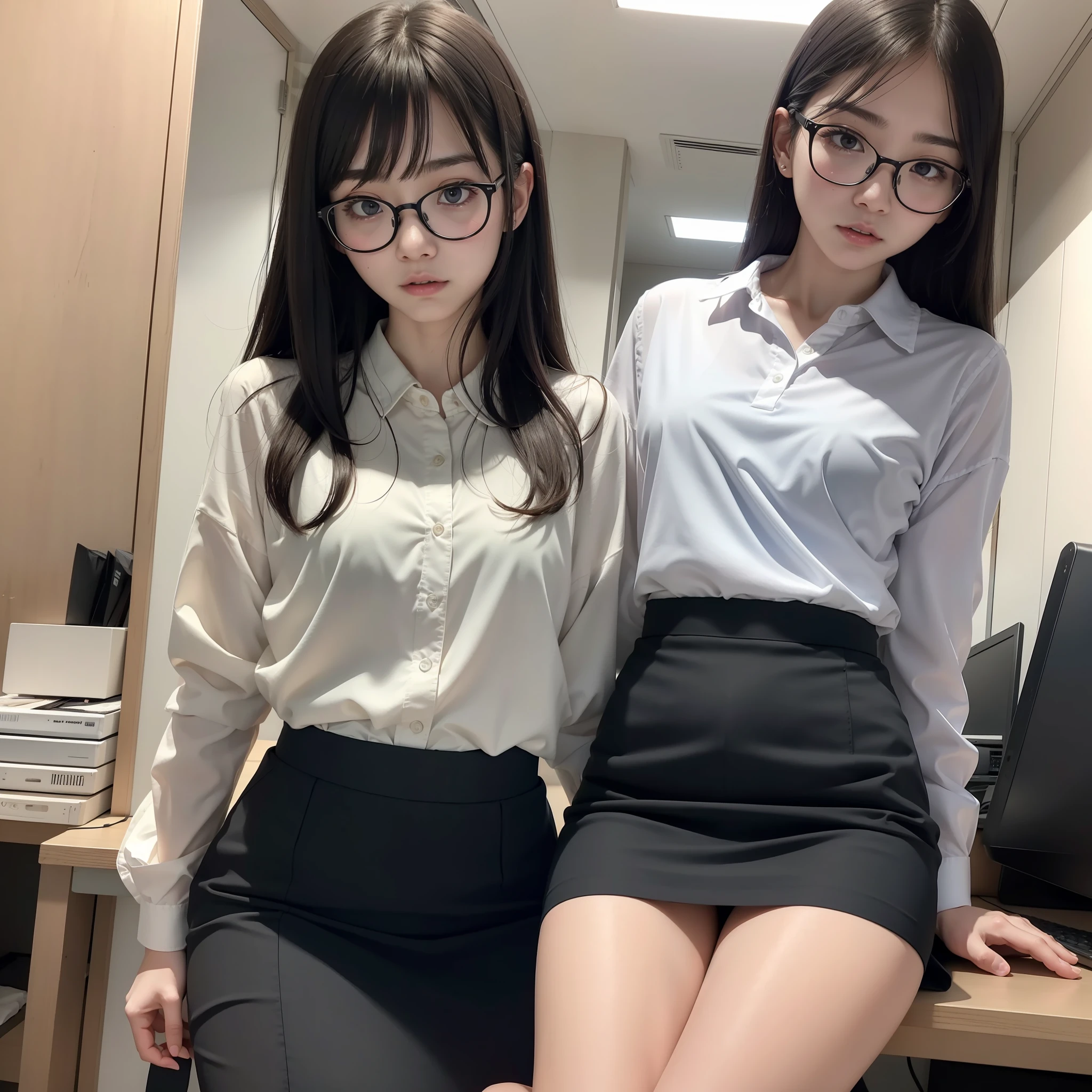 Two asian women in short skirts and glasses posing for a picture - SeaArt AI