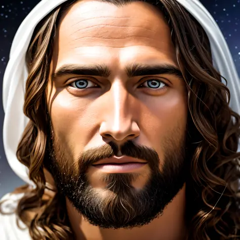 [An extremely ultra-realistic representation of the face of Jesus Christ, peaceful expression + white clothing + [ realistic textures, with lighting of the highest quality.] light background with stars and planets +[(+ photorealism):1.5, (celestial + peace...