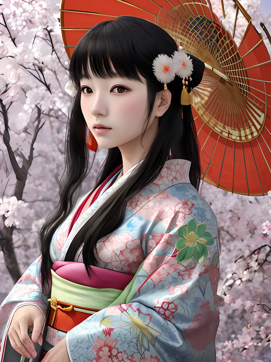 Digital painting inspired by Shinsui Ito, Artstation, maiko, kimono, kimono, highly detailed kimono, 16yo, Japan kimono, beautiful digital artwork, live-action style, wearing kimono, Japan woman, 3d anime real