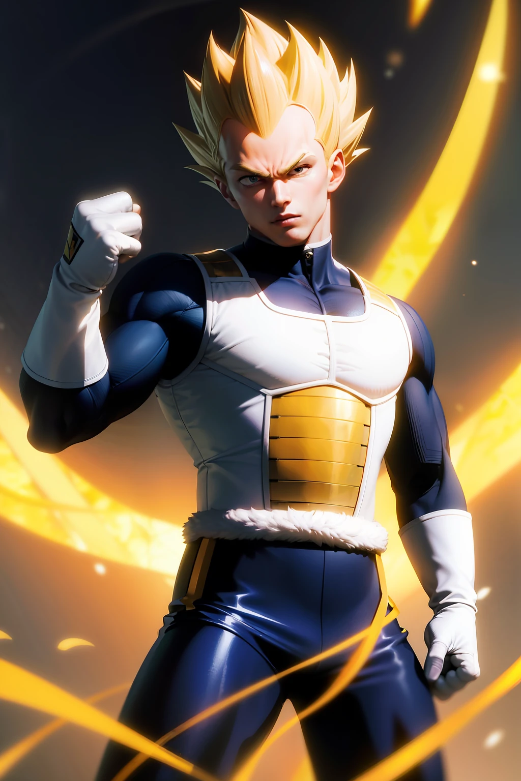 (masterpiece, best quality: 1.2), solo, male focus, 1boy, vegeta, furious, fighting pose, bruised, looking at the viewer, blonde hair spiked, black eyes, armor, white gloves