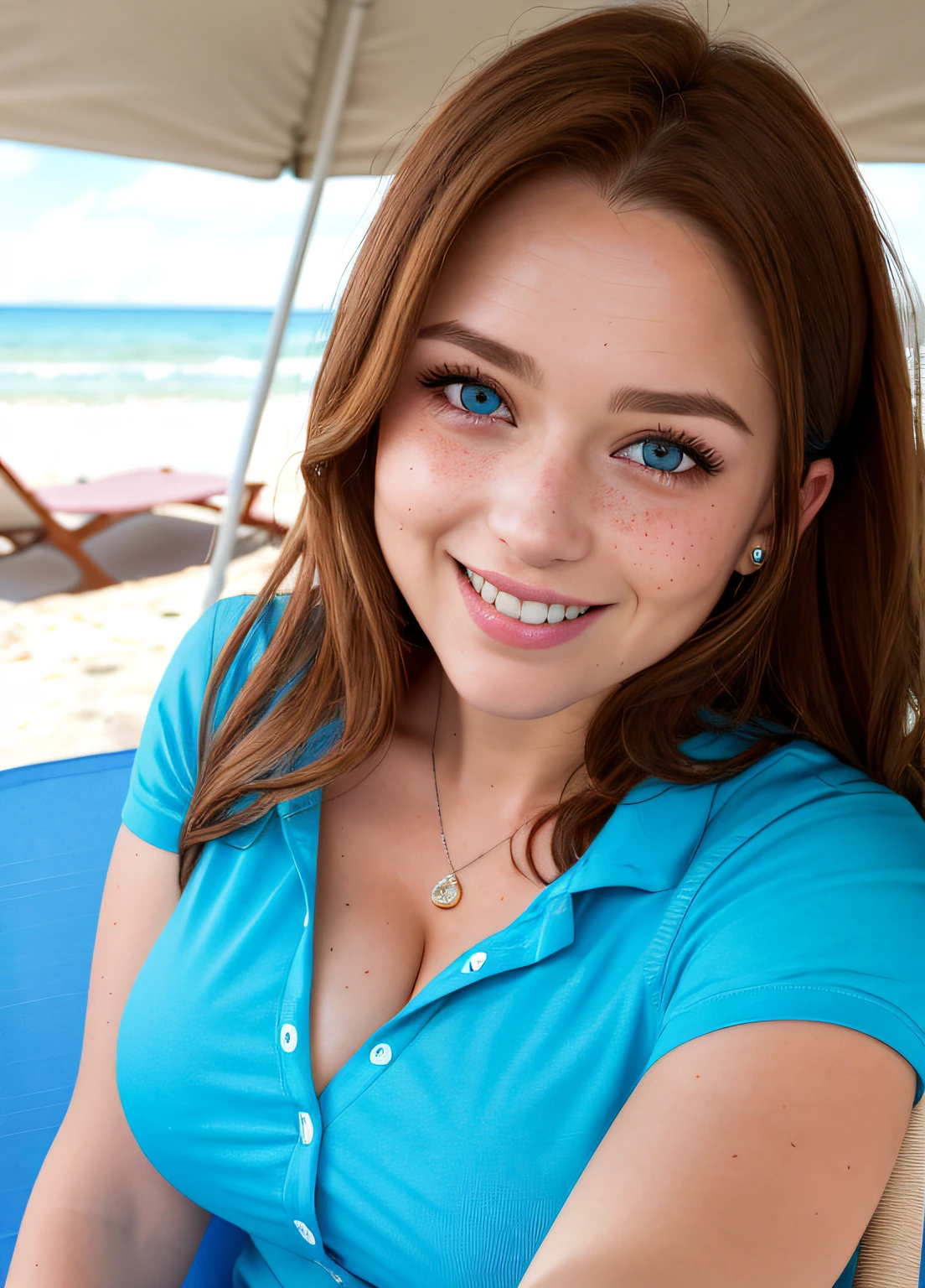 masterpiece, realistic, detailed eyes, detailed pupil, cute, looking at viewer, natural lighting, depth of field, film grain, wrinkled skin, 24yo, female, solo, massive breasts busting out, cleavage, red long hair, little small blue shirt hardly covers tits, freckles, grin, lips, posing, front view, (laying in beach chair) shirt unbuttoned showing cleavage