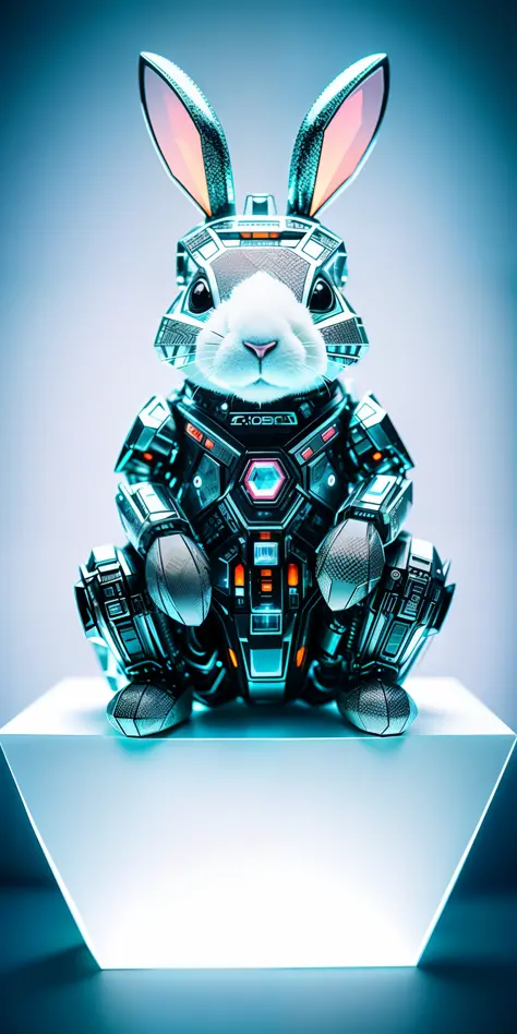 A cute rabbit made of crystal, 4K, (cyborg: 1.1), ([tail|detail wire]: 1.3), (intricate detail), hdr, (intricate detail, super detail: 1.2), photography, vignetting, centering