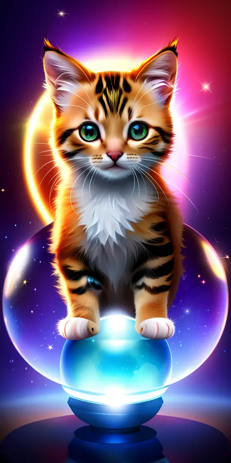 A cute kitten made of a crystal ball, low poly eyes surrounded by a glowing aura, flame-like sparkles highly detailed complex co...
