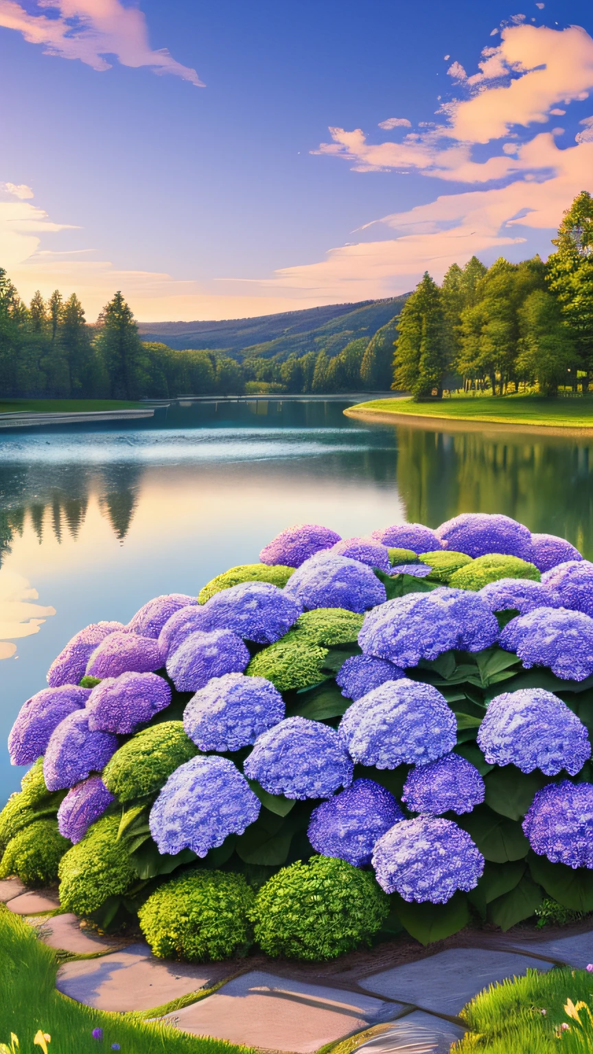 Hydrangeas, park, lake, small hill, pebble path, masterpiece, best quality, anatomically correct, high details, 8K, wallpaper