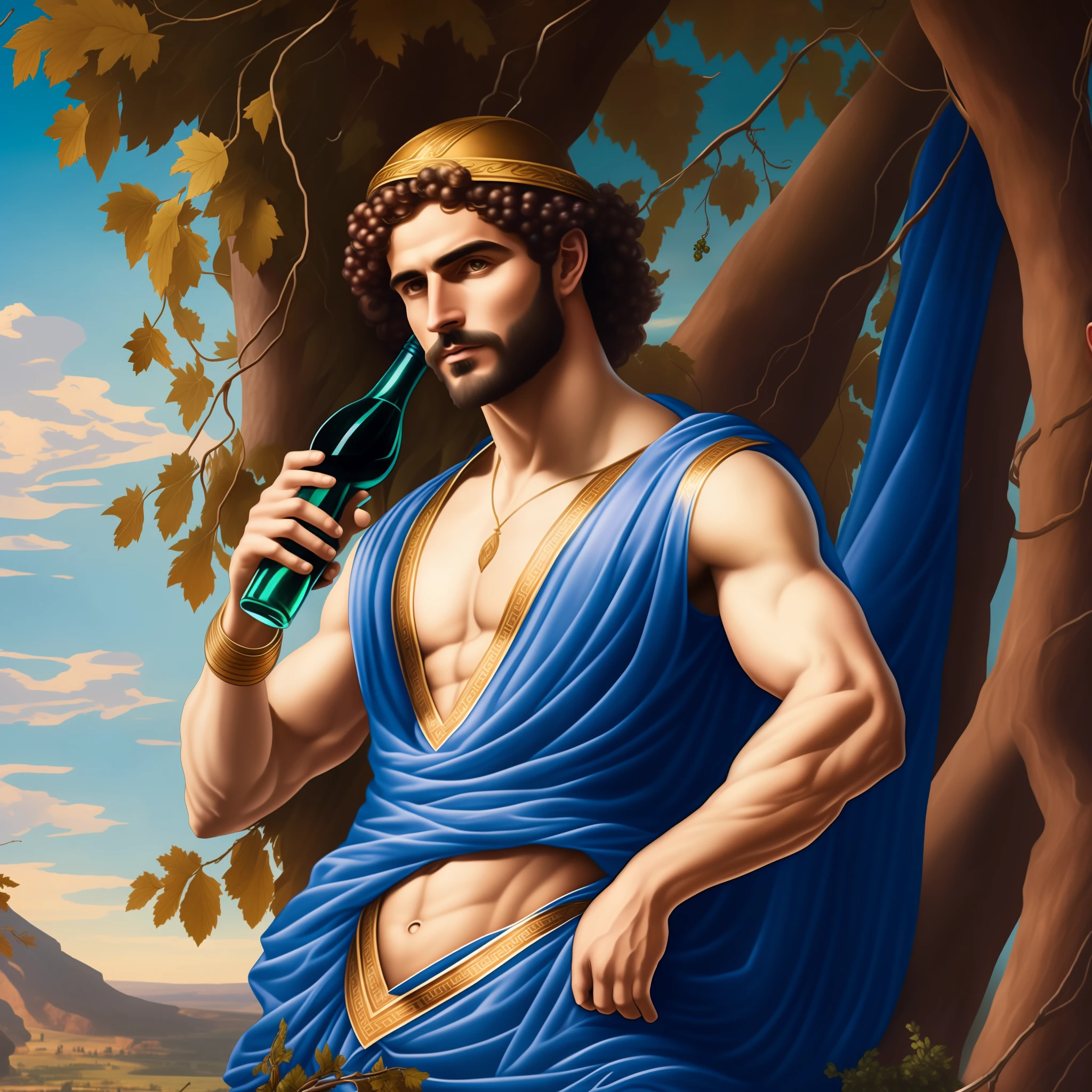 The Greek god Dionysus, with a short beard, wine-colored hair and an expressive look, elegantly dressed in blue, is standing in front of a big tree holding a bottle of wine