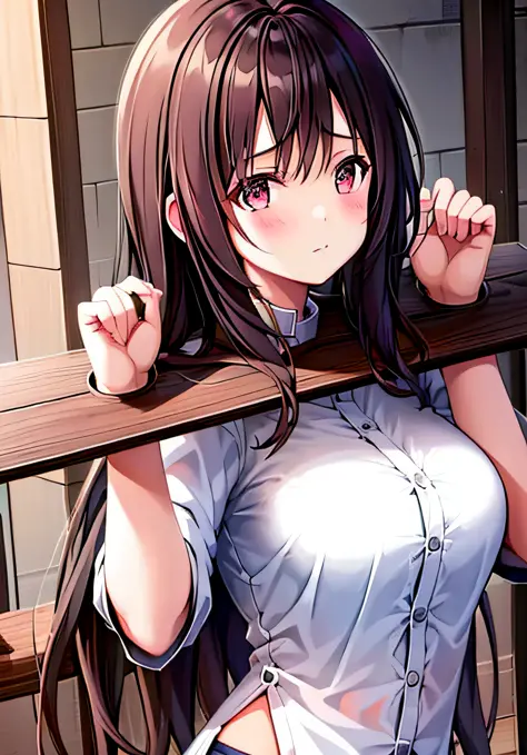 1girl, masterpiece, high quality, indoors, young girl,  pillory, flail, tears,  prison, prison_clothes,  indoors,restrained