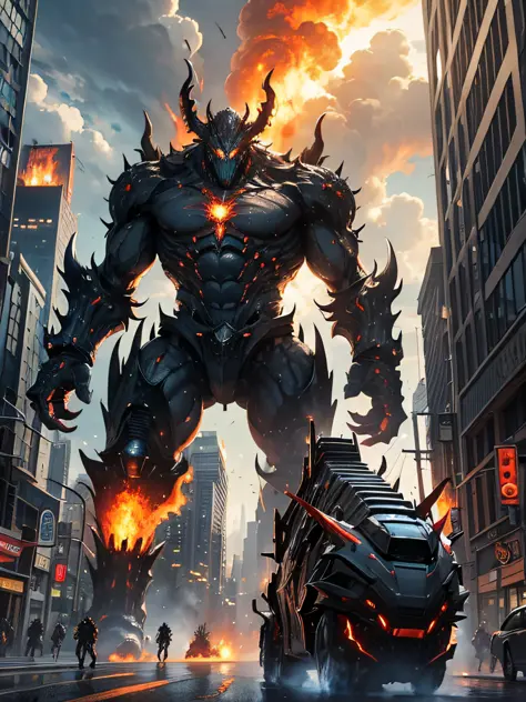 Massive mechanical monsters rampage through a city, crushing buildings and vehicles beneath their unstoppable metal frames: masterpiece, official art, 8k, best quality, highly detailed, terrifying and imposing design, each creature with its own unique abil...