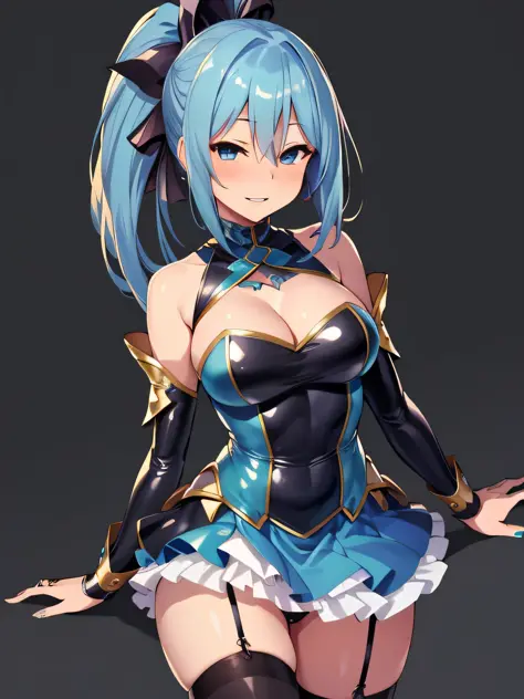 (best quality), (ultra-detailed), (best illustration), (best shadow), masterpiece, high res, (1gir, solo), aqua, blue eyes, blue skirt, green bow, blue shirt, detached sleeves, bare shoulders, hair rings, blue stockings, ponytail, hair ornament , corruptio...