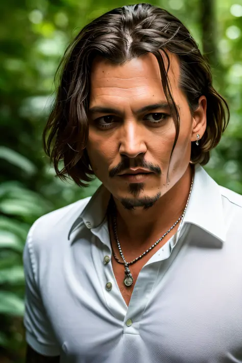 Masterpiece, Johnny Depp walking through the jungle at night in a firefly, (high detail:1 1), rough face, natural skin, wearing white fashion polo shirt, high quality, nsfw, beautiful eyes, (detailed face and eyes), (face: 1 2), noise, extra, real photo, p...