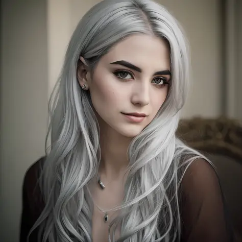 Portrait of a vampire woman in her 20s with silver hair, in the style of Nirav Patel, Sony A7R IV, elegant expressions, shallow depth of field, modern image, photorealistic, vintage influence --auto --s2