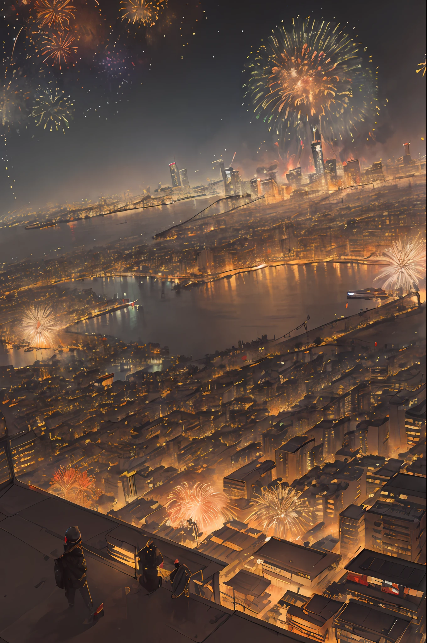 1 cidade, ciberpunk, tom marrom claro, panorâmico, detalhado, fogos de artifício, ano Novo