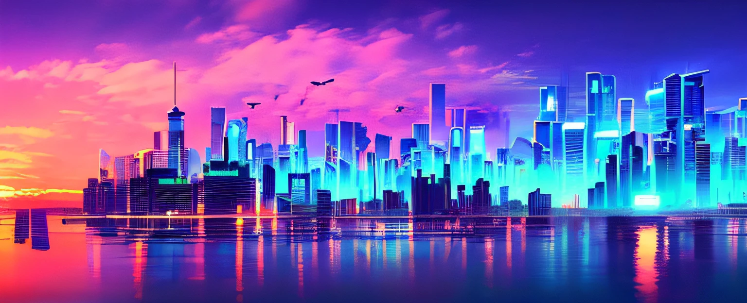 (obra de arte), cidade cyberpunk avançada, o céu está limpo, O fundo é o mar, muitos edifícios, Um lindo pôr do sol, D Perspectiva, Decoração.