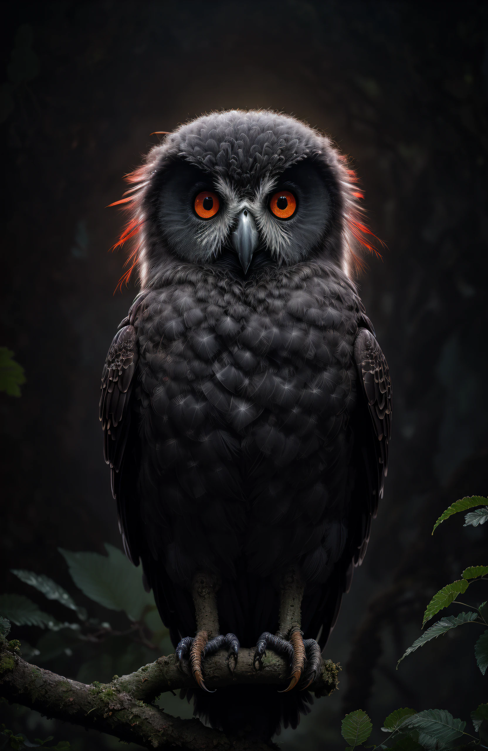 Style-NebMagic, award winning photo, A black bird owl sitting on a branch, feathers, evil, sinister, red eye, intricate, detailed feathers, forest background, wildlife photography, by lee jeffries nikon d850 film stock photograph 4 kodak portra 400 camera f1.6 lens rich colors hyper realistic lifelike texture dramatic lighting trending on artstation cinestill 800, Style-LostTemple, deep shadow, high contrast, dark, full moon