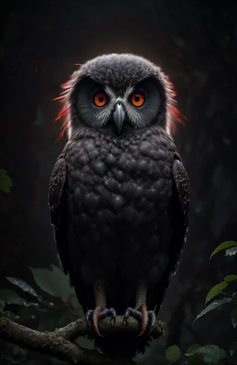 Style-NebMagic, award winning photo, A black bird owl sitting on a branch, feathers, evil, sinister, red eye, intricate, detaile...