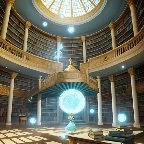 abandoned library, ancient knowledge, lonely, long staircase on the corner, magical particles floating, a blonde girl in a light...