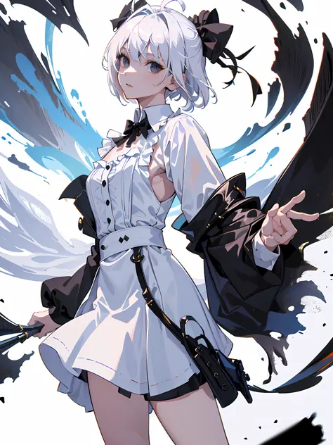 ((masterpiece, best quality)), (1girl), (solo), (female focus), (ahoge, white hair, short hair), black eyes, ((white shirt), (buttoned shirt)), ((black skirt), (short skirt)), standing, white background, behind arms,