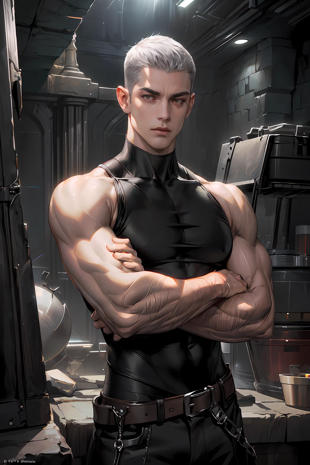 masterpiece, 1male, handsome, tall muscular face, ((POV)), adult, male, murderous, standing still, ((solo)), (forehead), (buzzcut + topcut), short bangs, hair between eyes, voluminous short hair, silver hair, handsome, serious, silver eyes, ((sleeveless black blouse)), wide trapeze, bare shoulder, square chin, ((black cover with broxe)), (muscular), (muscular arm:1.3), dark fantasy, syberpunk, sci-fi ((ultra detailed face,  cinematic, ultra detailed, concept art, illustration 4d, 16k)), dynamic lighting, ultra quality, 4K, realistic models.
