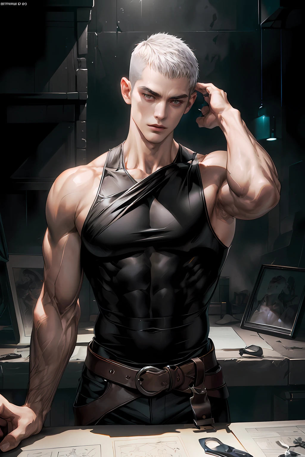 masterpiece, 1male, handsome, tall muscular face, ((POV)), adult, male, murderous, standing still, ((solo)), (forehead), (buzzcut + topcut), short bangs, hair between eyes, voluminous short hair, silver hair, handsome, serious, silver eyes, ((sleeveless black blouse)), wide trapeze, bare shoulder, square chin, ((black cover with broxe)), (muscular), (muscular arm:1.3), dark fantasy, syberpunk, sci-fi ((ultra detailed face,  cinematic, ultra detailed, concept art, illustration 4d, 16k)), dynamic lighting, ultra quality, 4K, realistic models.