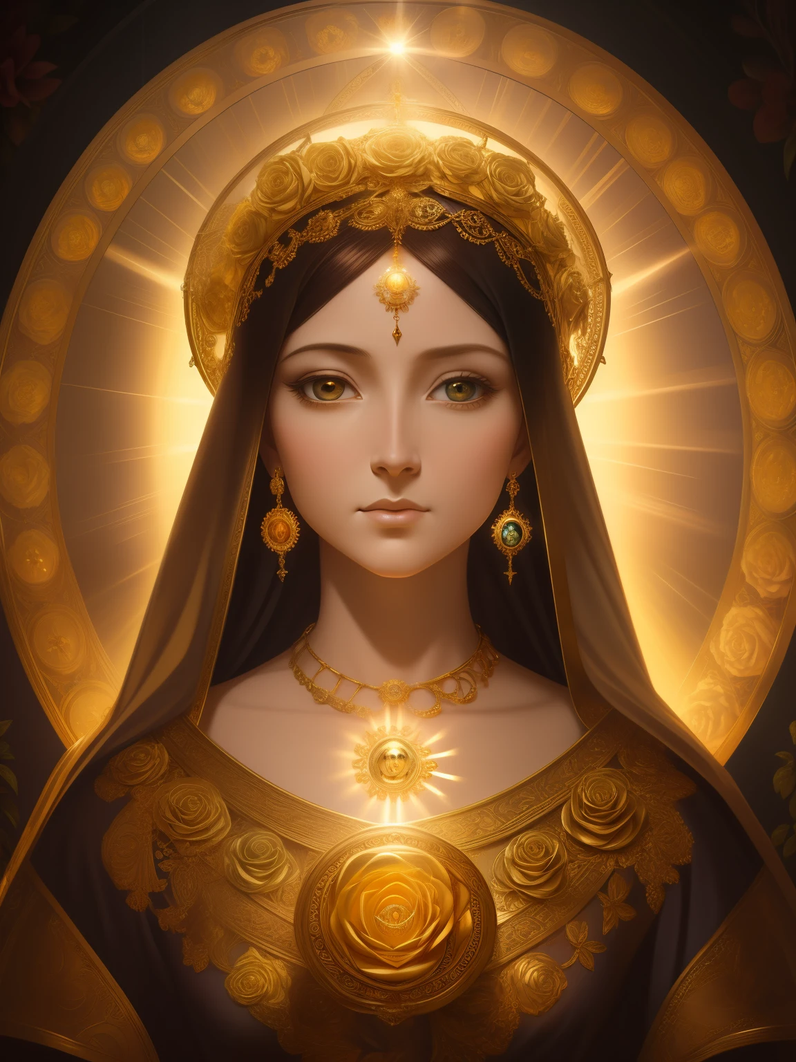 Highly detailed portrait of a Mother Mary god,(Latin) halo of light, roses, gold, unreal engine, art by Mark Ryden, lost fish, wearing navy blue mantle, Count Norem, global lighting, divine rays, detailed and intricate environment, antique ring style, bust style portrait