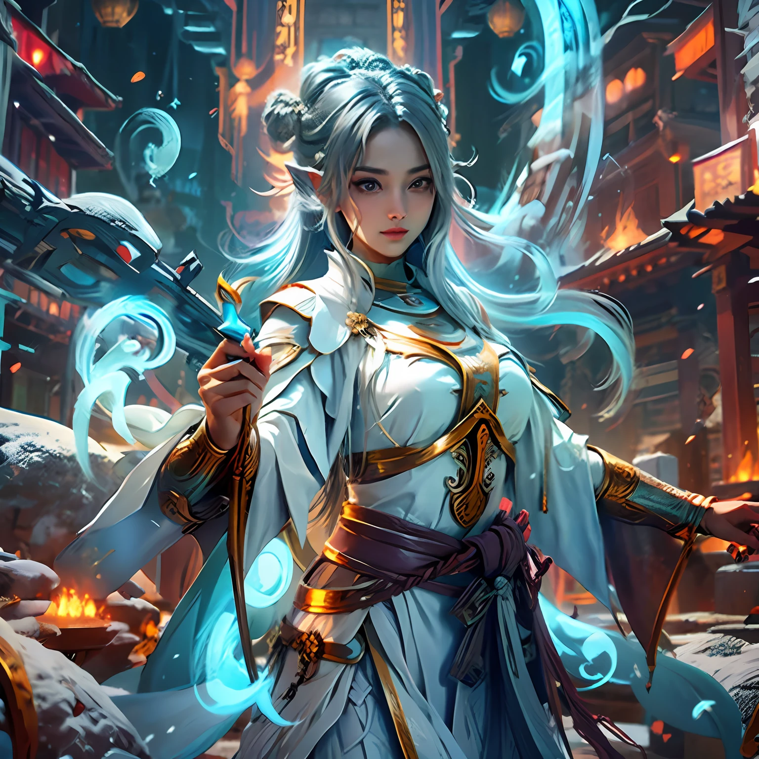 Drawing the sword of the snow mountain, the sword with the cold ice flame of the ancient style woman, holding the blue flame burning sword, white clothes dancing sword in the snow long hair flowing, holding a silver long sword beautiful woman, wearing jade jewelry, her face is full of confident smiles, she is suspended in the clouds like a fairy, behind her is a layer of mountains --auto --s2