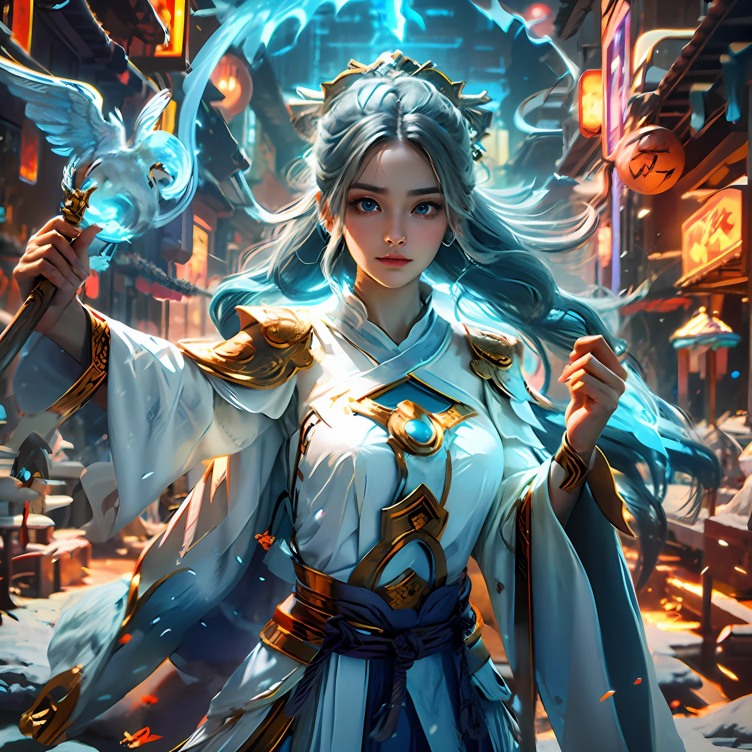 Drawing the sword of the snow mountain, the sword with the cold ice flame of the ancient style woman, holding the blue flame burning sword, white clothes dancing sword in the snow long hair flowing, holding a silver long sword beautiful woman, wearing jade jewelry, her face is full of confident smiles, she is suspended in the clouds like a fairy, behind her is a layer of mountains --auto --s2
