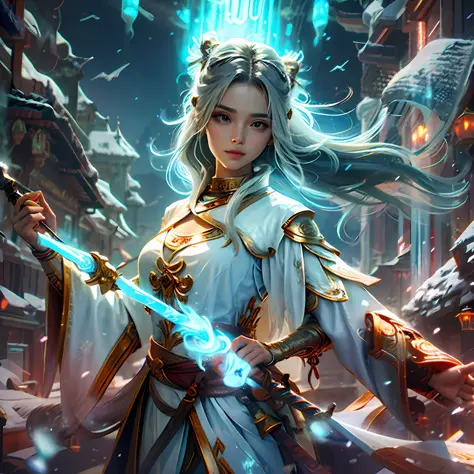 Drawing the sword of the snow mountain, the sword with the cold ice flame of the ancient style woman, holding the blue flame bur...