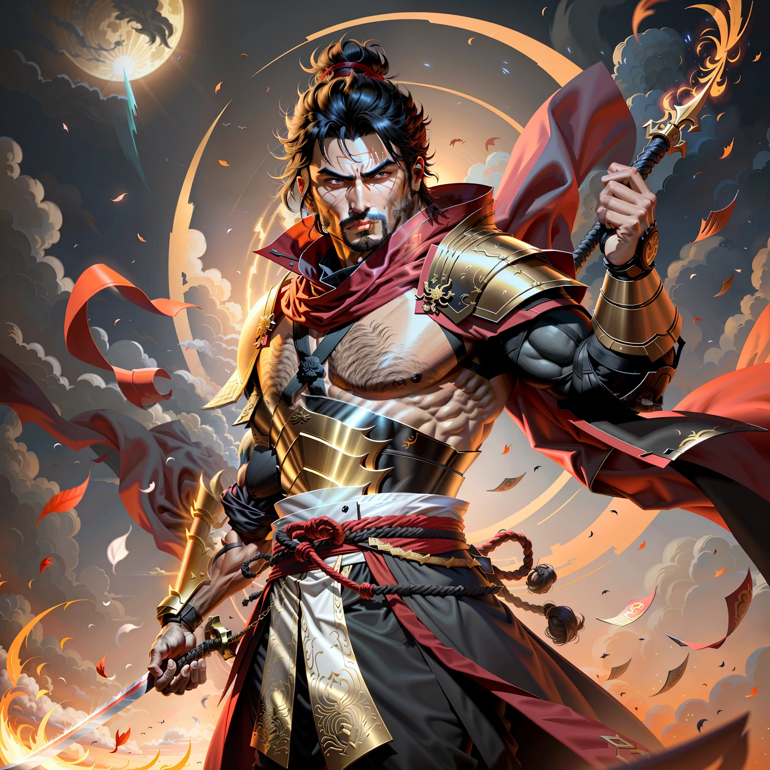 Arash, the Swordsman of the Thousand Armies
Based on: The historical figure of Miyamoto Musashi.
Physical Characteristics and Dress: Arash is a haughty warrior with black hair tied in a bun. He wears elegant samurai armor and a red cape with gold embroidery. In his hands, he wields two twin swords, bright and sharp as the full moon.
Powers: Arash is a master of martial arts, with an unparalleled skill in combat. He possesses extraordinary dexterity and is able to perform fast and precise movements. In addition, he possesses a keen perception and can anticipate the movements of his opponents. His inner strength and concentration are so intense that he can manifest the energy of his swords in powerful blows.
Setting: Arash lives in feudal Japan, where honor and the samurai code are the foundation of his society. Its environment consists of lush landscapes, with fields of cherry blossoms and majestic temples. He is a lone ronin, traveling from place to place, protecting the defenseless and challenging the most skilled opponents. Dynamic pose, ultra detailed, 8K, 4K, high resolution, perfectly drawn, extremely detailed, animated pose, cinematic light, cinematic shadow, perfectly drawn hands, detailed face, detailed background, rich background image of details.