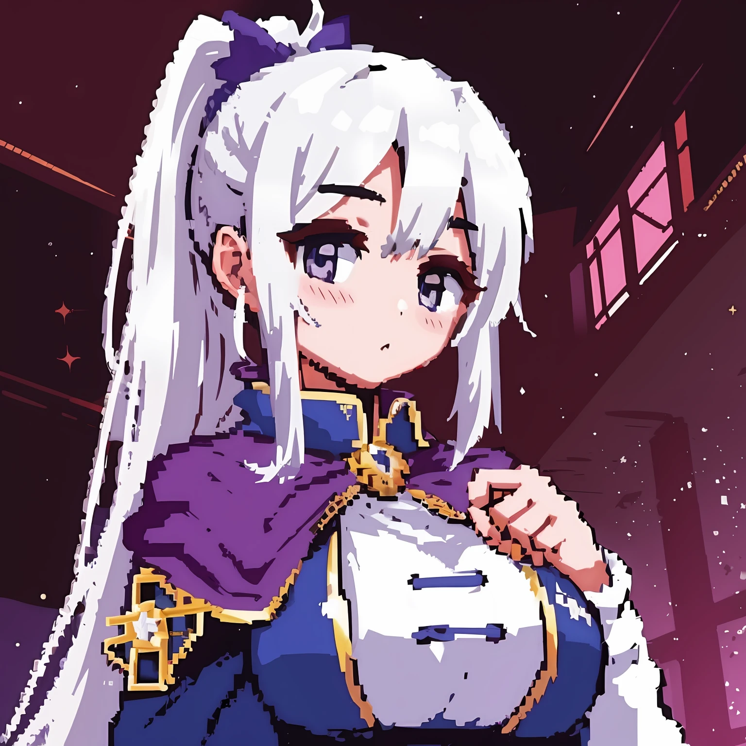 a girl, looking at the audience, white hair, purple eyes, blush, high ponytail, pixel, bust, solo, pull in lens, high quality, masterpiece, fantasy style, mage, no bangs,