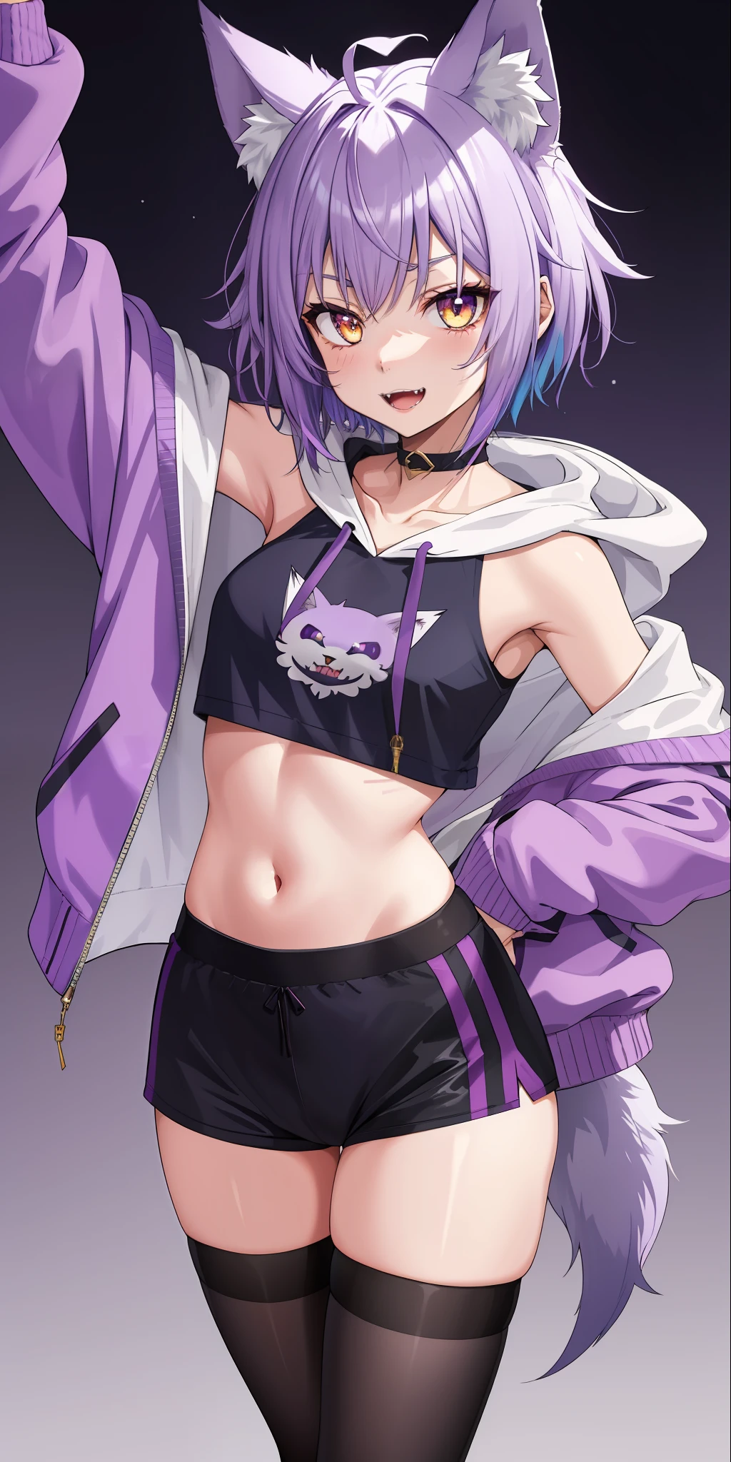 sharp wolf ears, 1girl, gold eyes, purple pearlescent blue hair, short messy hair, wolf tail, vibrant, HD, slim short hoodie, sexy boxers, toned, slim, fangs, purple thigh socks, adult little girl