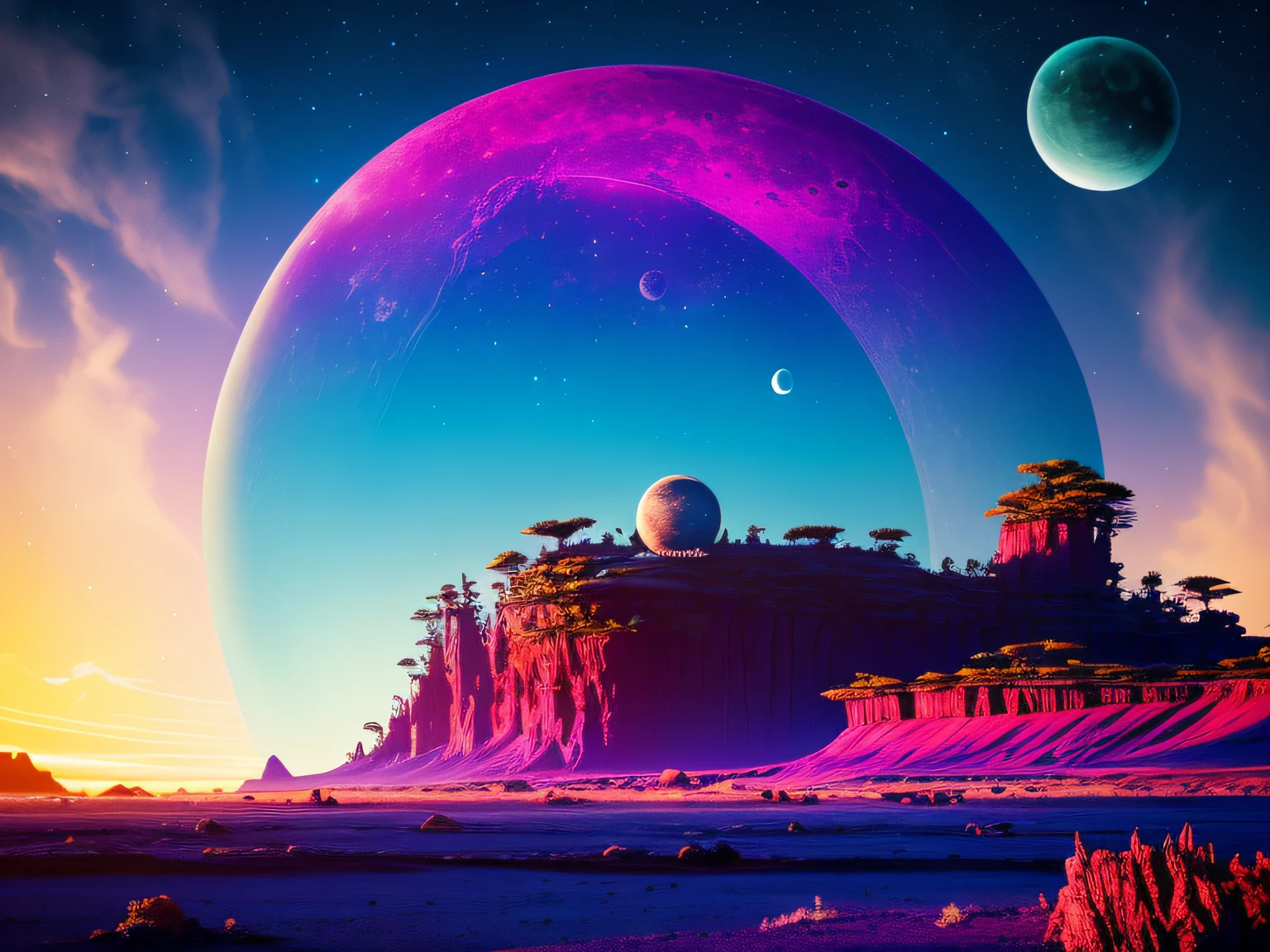 Eine üppige fremde Landschaft auf einem Ringplaneten mit einem Mond am Himmel, Lebendige bunte Wolken, strange, Science-Fiction, Raytracing, ausführlich reflections, kompliziert, Hohe Detailliertheit, dramatisch, Meisterwerk in bester Qualität, fotorealistisch, ausführlich, 8k, HDR, Hintergrundbeleuchtung, blühen, Licht funkelt, chromatische Abweichung, scharfer Fokus