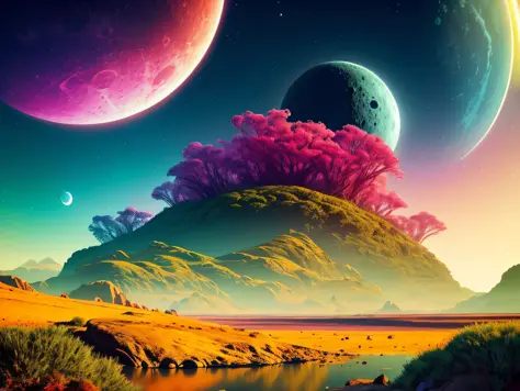 A lush alien landscape on a ringed planet with a moon in the sky, vivid colorful clouds, strange, sci-fi, ray tracing, detailed ...