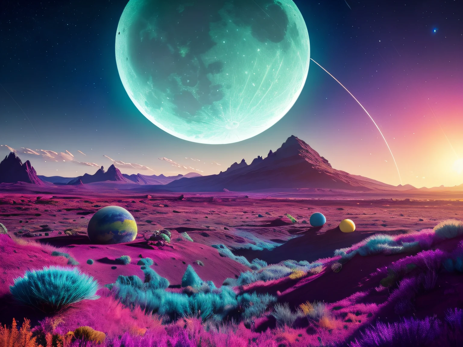 Un paysage extraterrestre luxuriant sur une planète aux anneaux avec une lune dans le ciel, nuages aux couleurs vives, étrange, science-fiction, Tracé laser, détaillé reflections, complexe, Détails élevés, Spectaculaire, chef-d&#39;œuvre de la meilleure qualité, Photoréaliste, détaillé, 8k, HDR, rétroéclairage, floraison, la lumière scintille, aberration chromatique, netteté