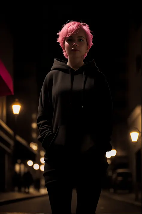 closeup photo of a woman wearing a black hoodie, short pink hair, standing on the bustling street at night, street lamps, 4k tex...