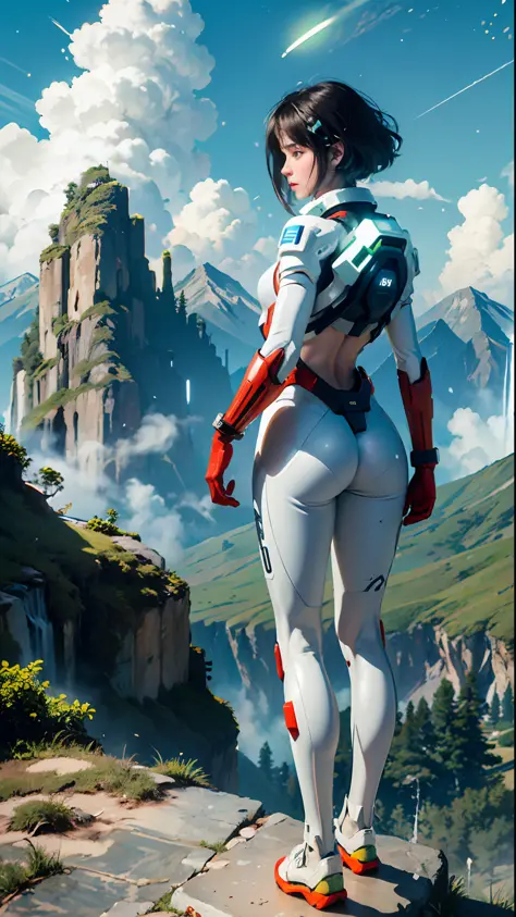 (35mmstyle:1.2), Highly detailed RAW color Photo, Rear Angle, Full Body, of (female space marine, wearing white and red space suit, futuristic helmet, tined face shield, rebreather, accentuated booty), outdoors, (standing on Precipice of tall rocky mountai...