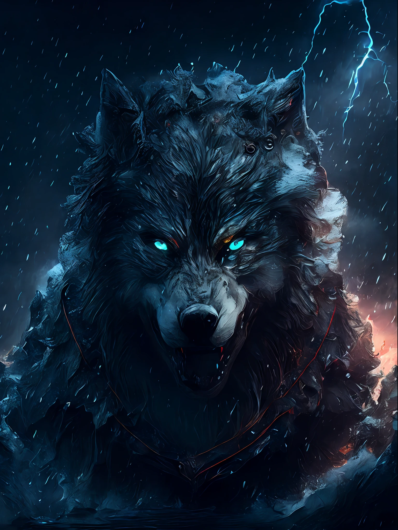 Wolf God, surreal, tense, cold, highly detailed, sharp, professional, 8k UHD, movie, dark, violent, outdoor, river, battle, chase, dramatic, vivid, tense atmosphere, rendering, epic, twilight, HDR, album cover, blizzard, lightning, disaster --s2