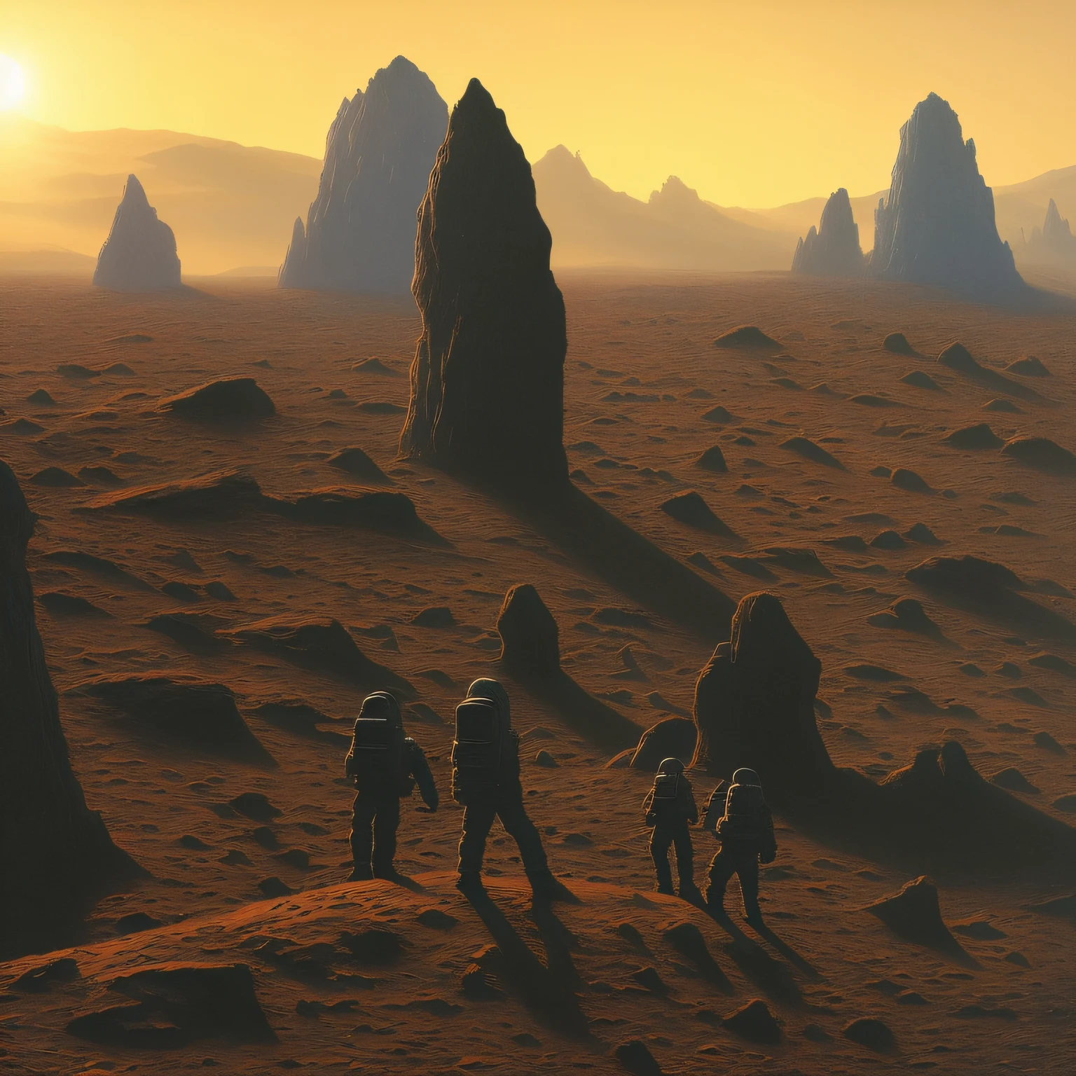 (繪畫:1.3) 的,(孤獨:1) 人類太空人在火星上發現外星建築, 太陽眩光,(藝術家 Zdzislaw Beksinski 創作:1),(蒸汽波藝術:1)